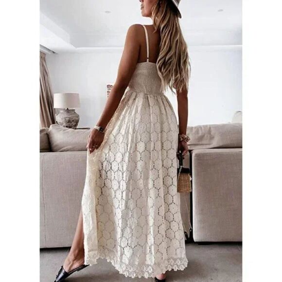 Boho White Lace Cut Out Hi-Low Split V-Neck Sleeveless Flowy Jumpsuit Maxi Dress - Picture 3 of 8